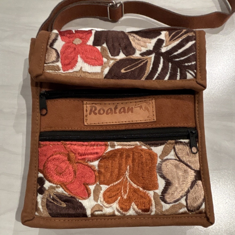 Roatan Brown Floral Embroidered Crossbody Bag Purse Adjustable Strap Boho